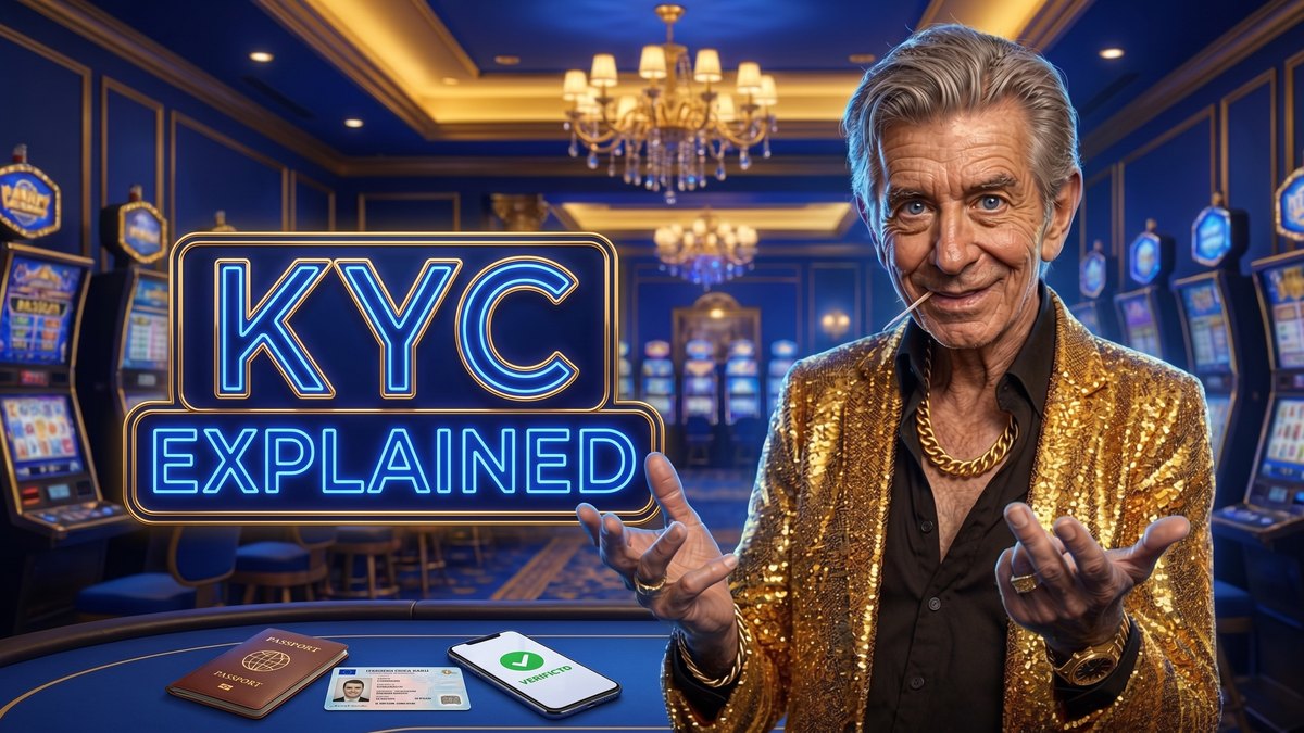 Chip in a royal blue and gold casino lobby beside a KYC EXPLAINED neon sign