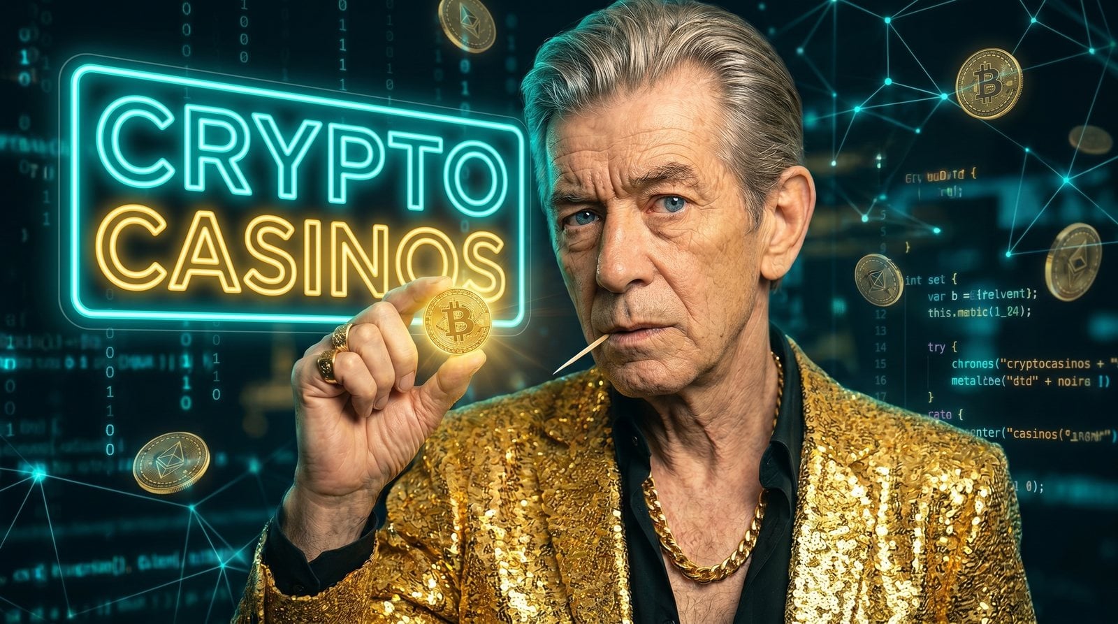 Chip in a gold blazer holding a Bitcoin coin against a digital backdrop under a neon sign reading Crypto Casinos
