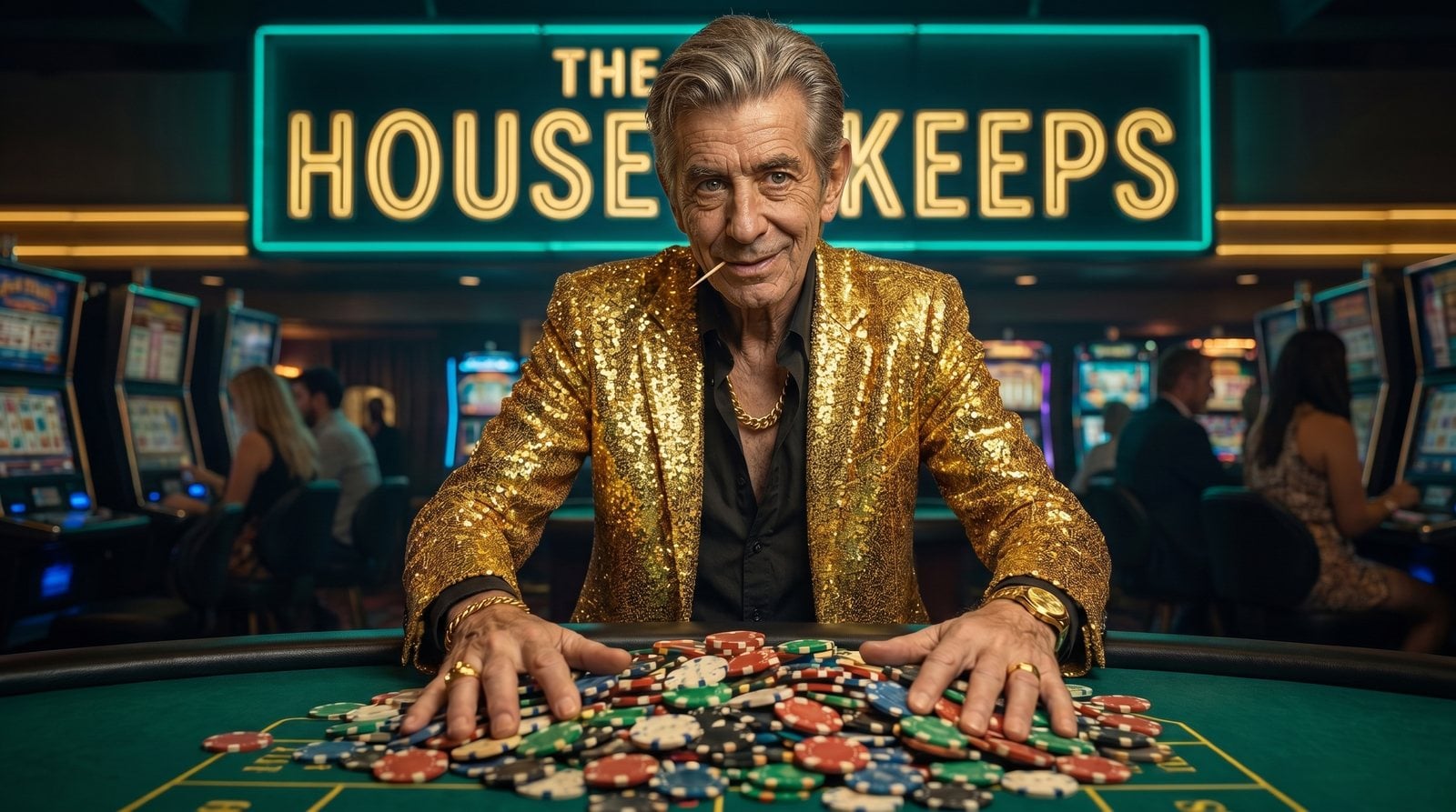 Chip in a gold blazer raking casino chips across a table under a neon sign reading The House Keeps