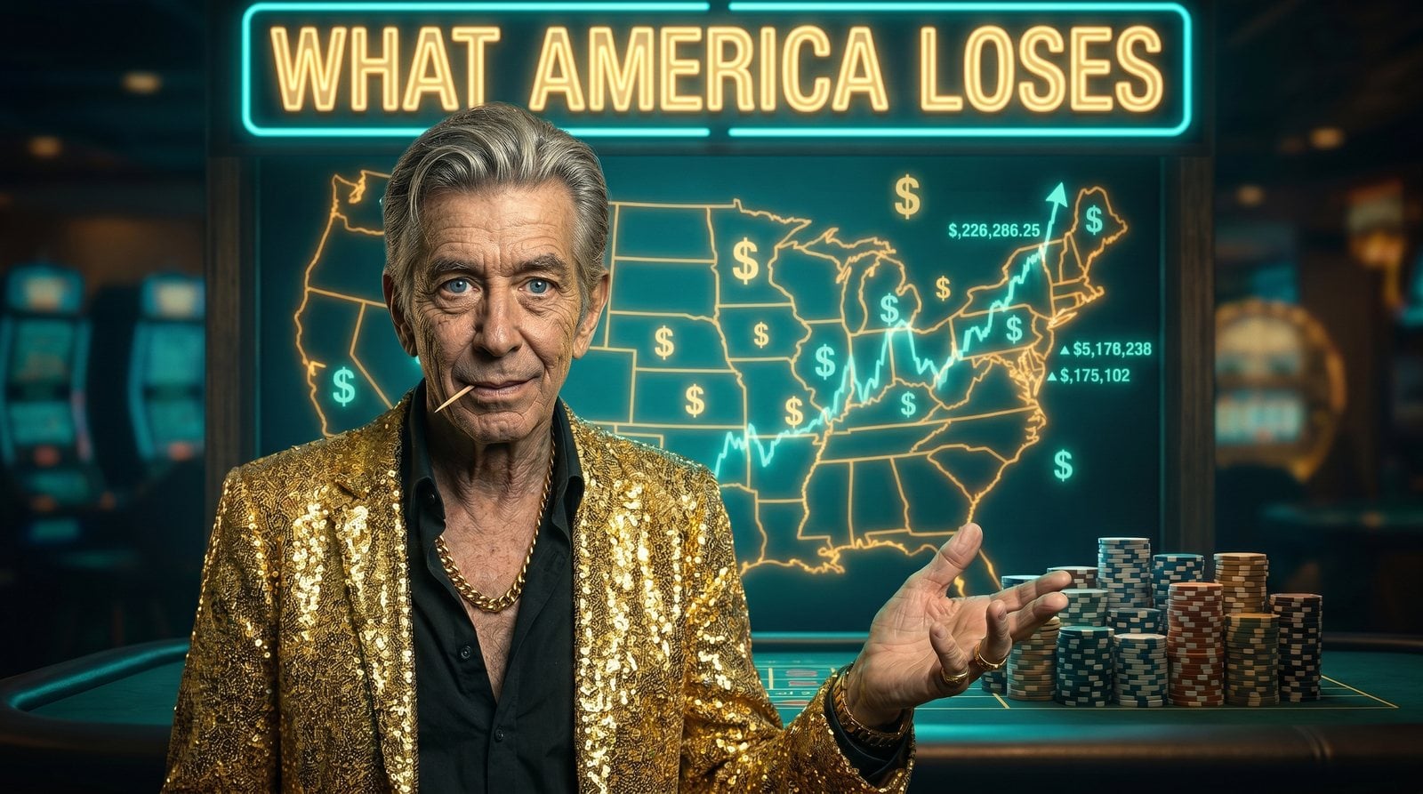 Chip in a gold blazer beside a glowing US map of dollar figures under a neon sign reading What America Loses