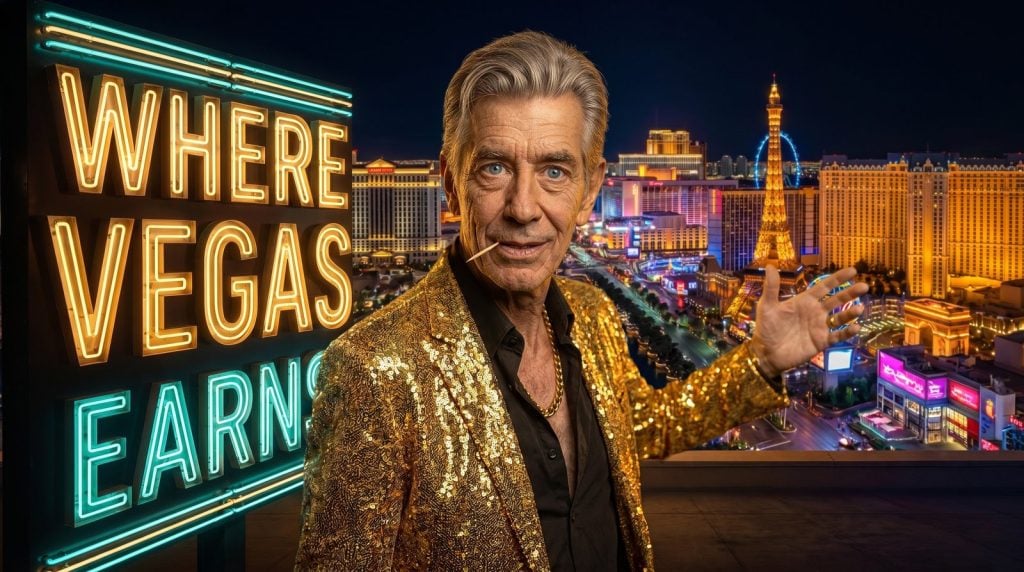 Chip in a gold blazer gesturing at the Las Vegas Strip skyline at night under a neon sign reading Where Vegas Earns