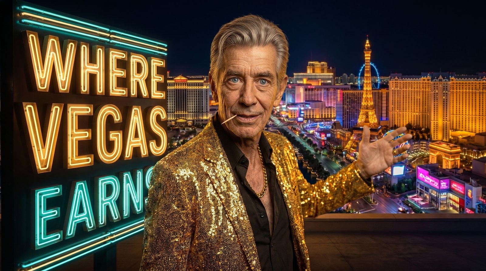 Chip in a gold blazer gesturing at the Las Vegas Strip skyline at night under a neon sign reading Where Vegas Earns