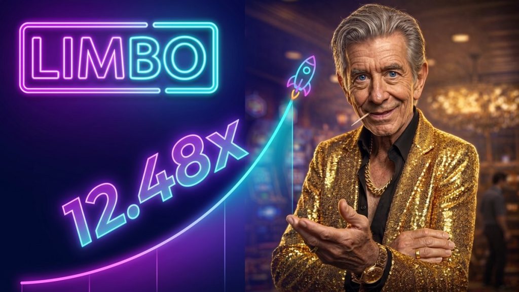 Chip beside a LIMBO neon sign with a rising multiplier