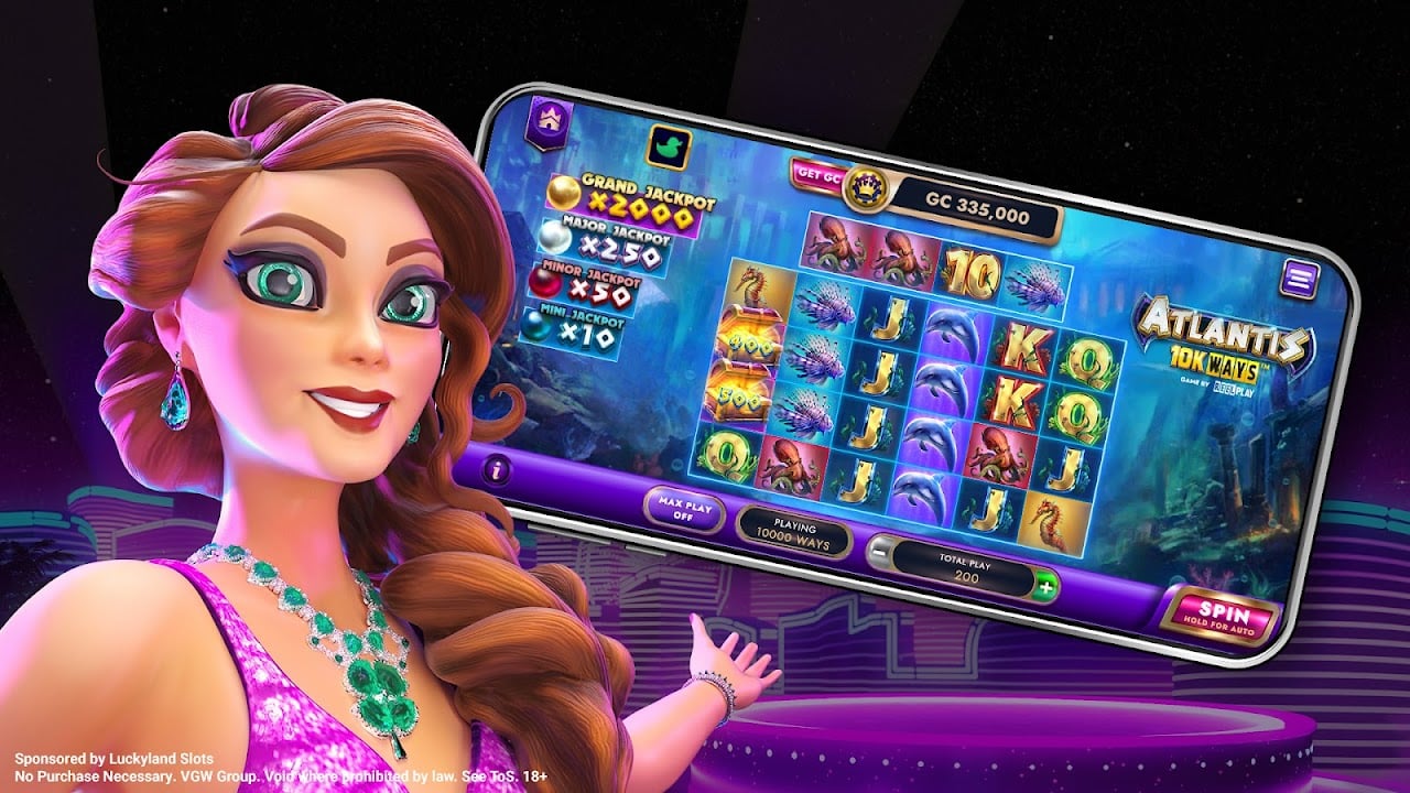 LuckyLand Slots app showing the Atlantis 10K Ways slot with progressive jackpot multipliers
