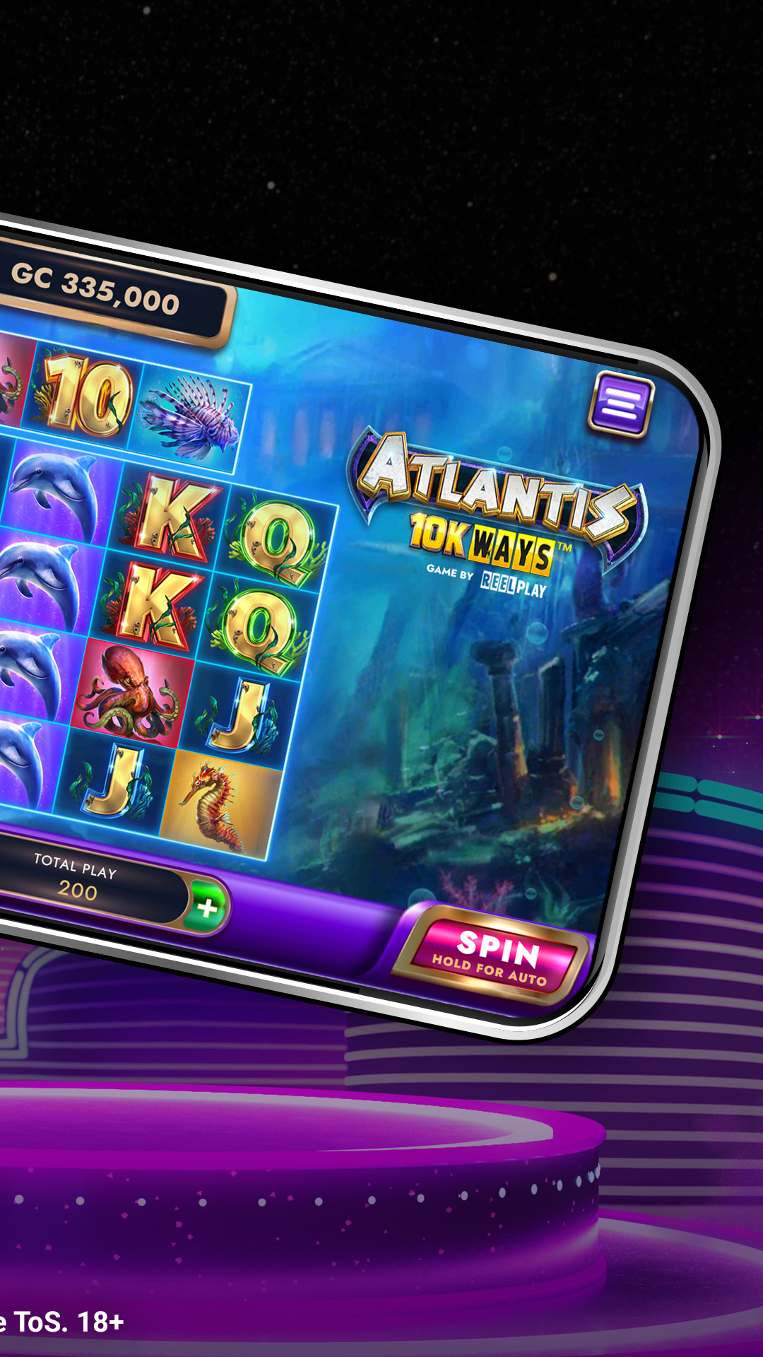 LuckyLand Slots Atlantis 10K Ways slot running on a mobile phone