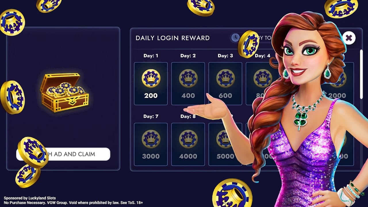 LuckyLand Slots daily login reward ladder showing Gold Coin bonuses across eight days