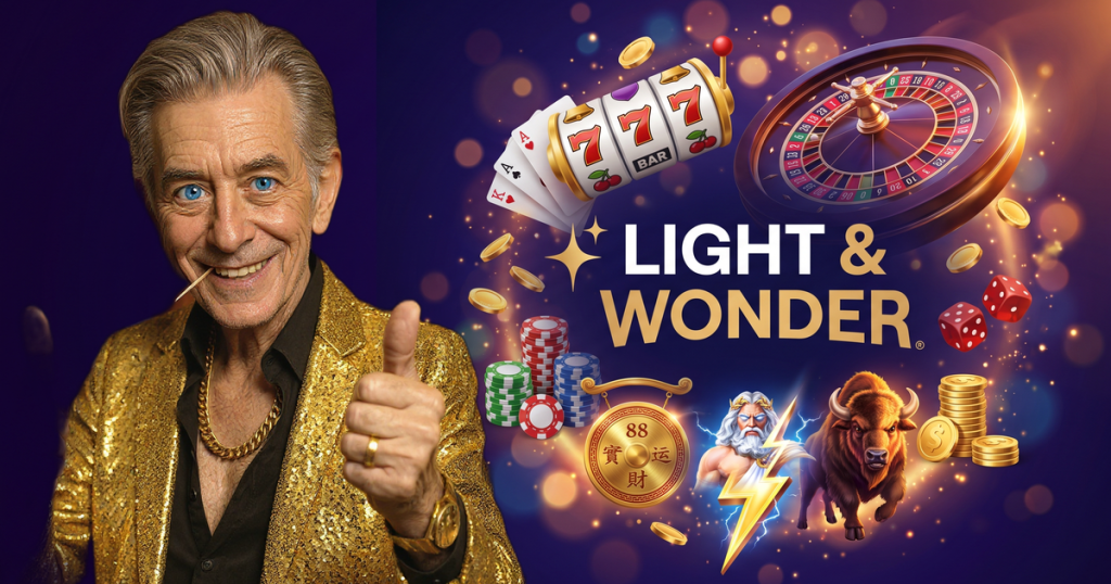 LIGHT & WONDER casino review featuring ChipReign character, branded game montage backdrop