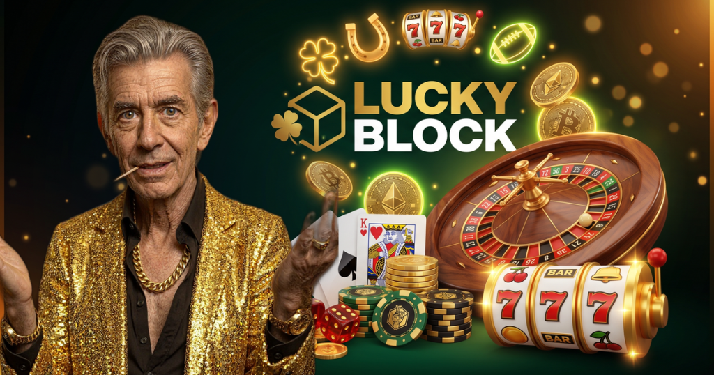 LUCKY BLOCK casino review featuring ChipReign character, branded game montage backdrop