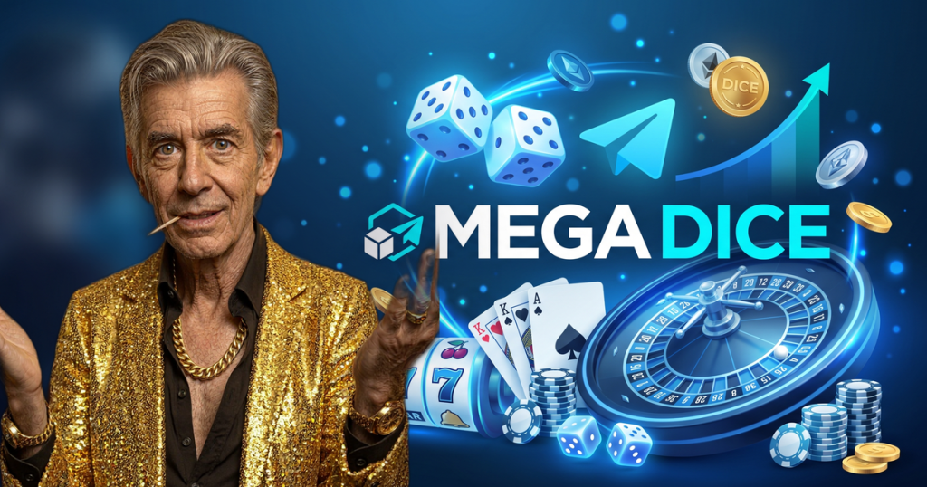 MEGA DICE casino review featuring ChipReign character, branded game montage backdrop