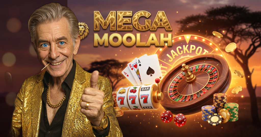 MEGA MOOLAH casino review featuring ChipReign character, branded game montage backdrop