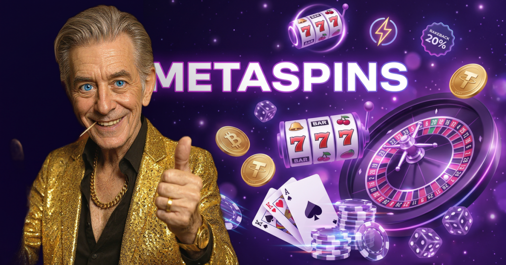 METASPINS casino review featuring ChipReign character, branded game montage backdrop