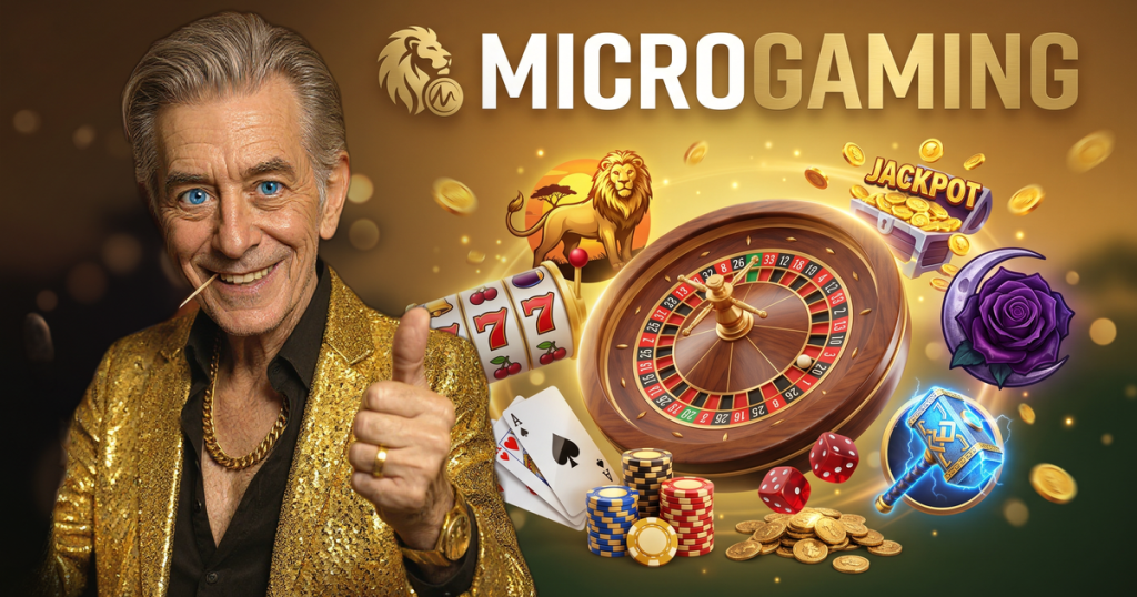 MICROGAMING casino review featuring ChipReign character, branded game montage backdrop