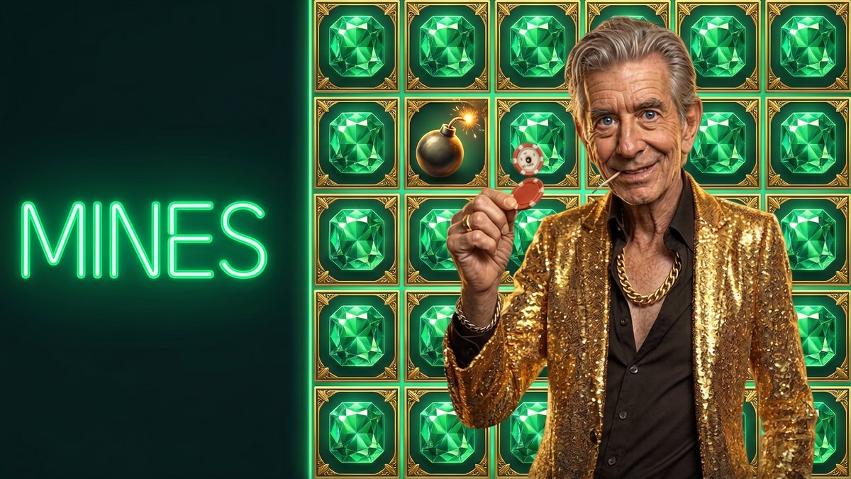 Chip beside a MINES neon sign with a grid of gems and a bomb
