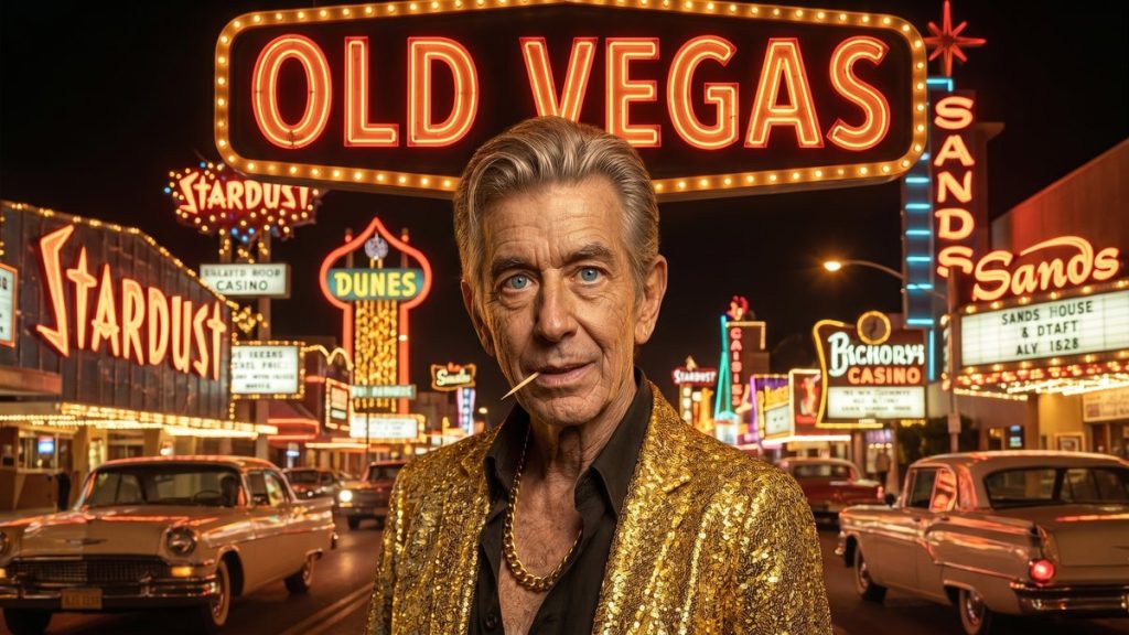 Chip on a vintage Las Vegas Strip beside an OLD VEGAS neon sign with classic casino signs