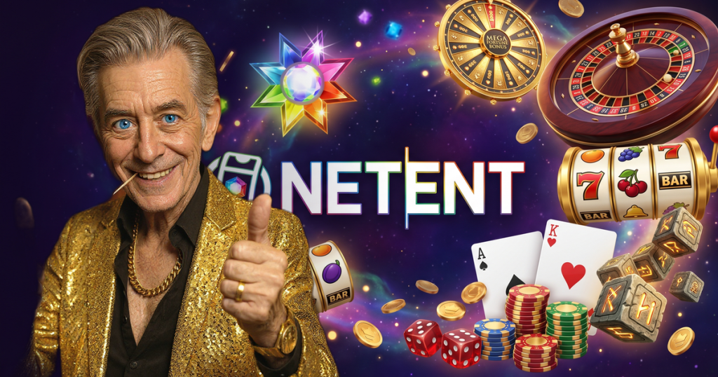 NETENT casino review featuring ChipReign character, branded game montage backdrop