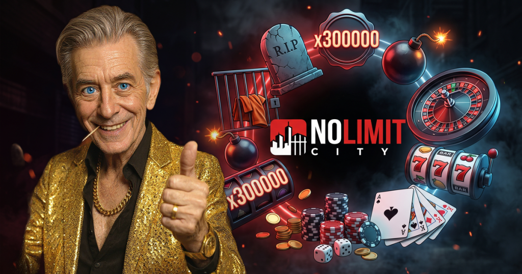 NOLIMIT CITY casino review featuring ChipReign character, branded game montage backdrop