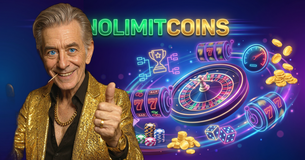 NOLIMITCOINS casino review featuring ChipReign character, branded game montage backdrop