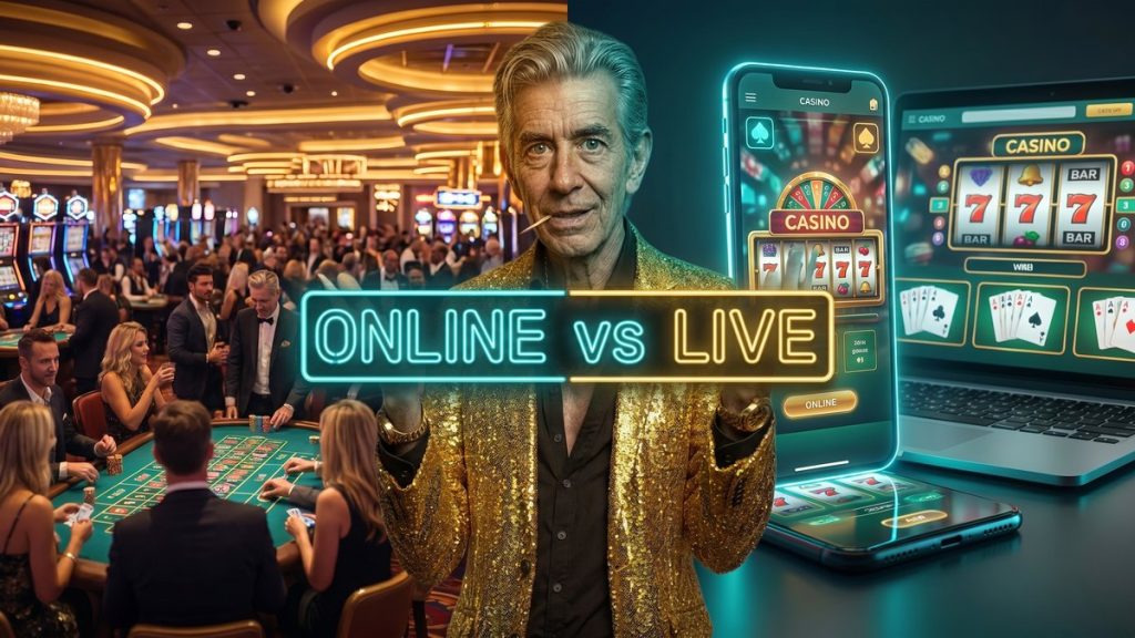 Chip weighing a real casino floor against online casino on a phone and laptop beside an ONLINE vs LIVE neon sign