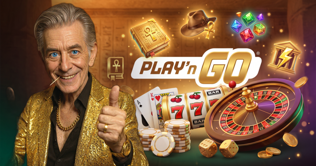 PLAY'N GO casino review featuring ChipReign character, branded game montage backdrop