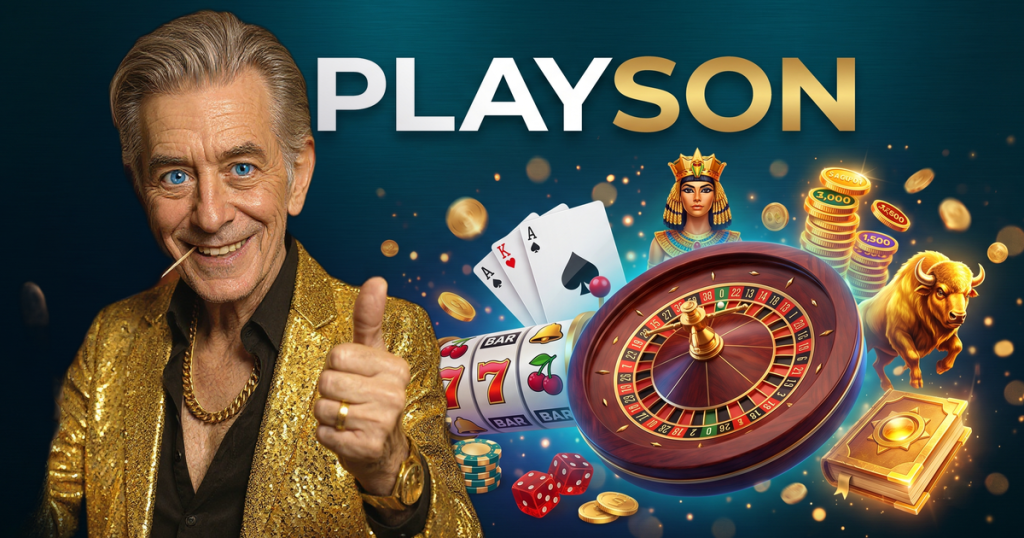 PLAYSON casino review featuring ChipReign character, branded game montage backdrop