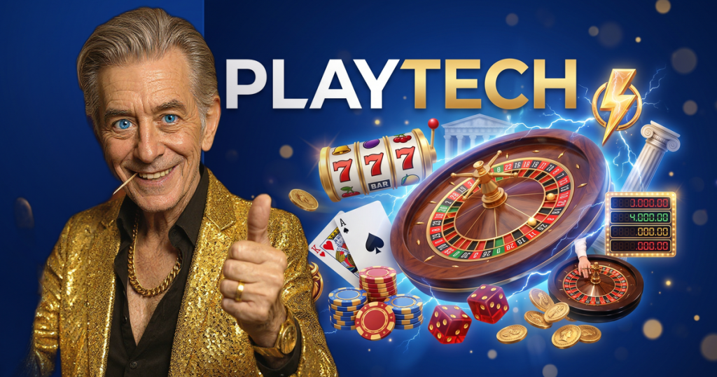 PLAYTECH casino review featuring ChipReign character, branded game montage backdrop