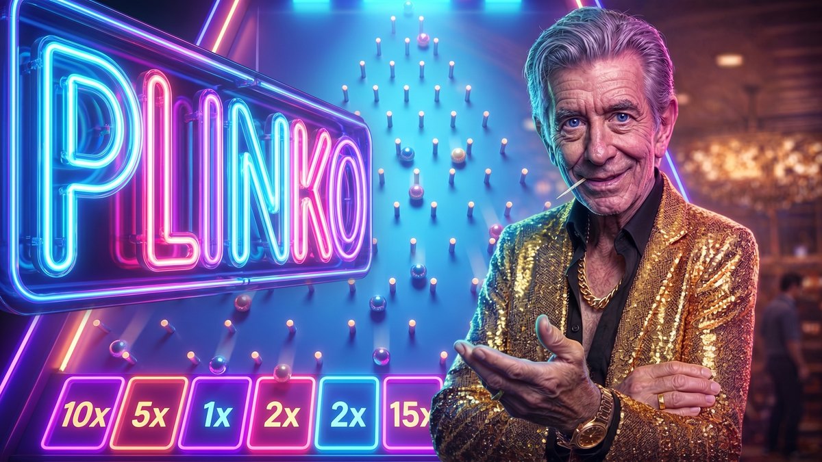 Chip beside a PLINKO neon sign with a peg board and falling balls