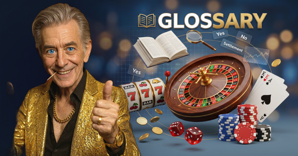 GLOSSARY casino review featuring ChipReign character, branded game montage backdrop