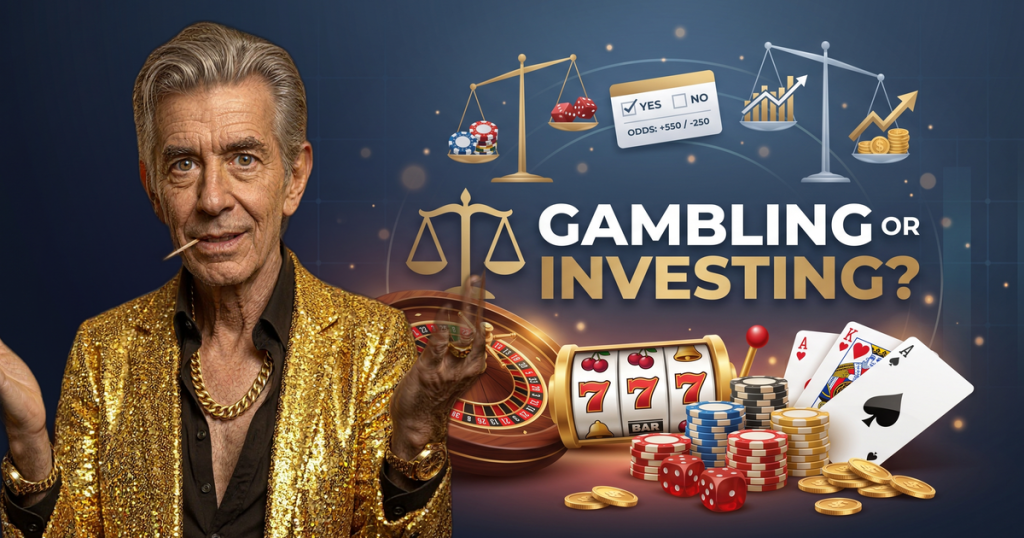 GAMBLING OR INVESTING? casino review featuring ChipReign character, branded game montage backdrop