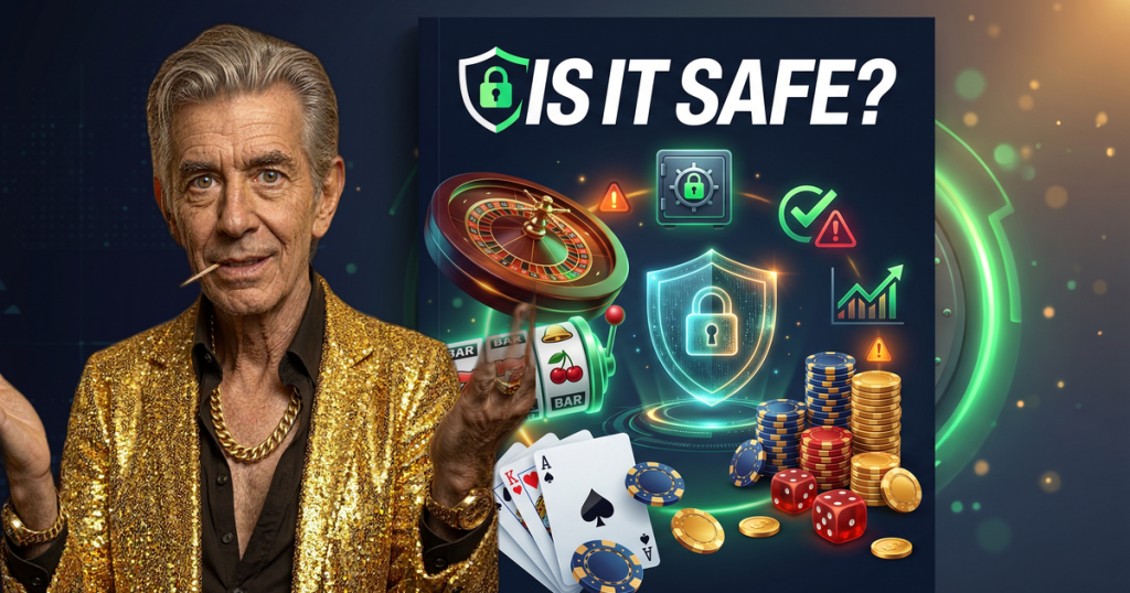 IS IT SAFE? casino review featuring ChipReign character, branded game montage backdrop