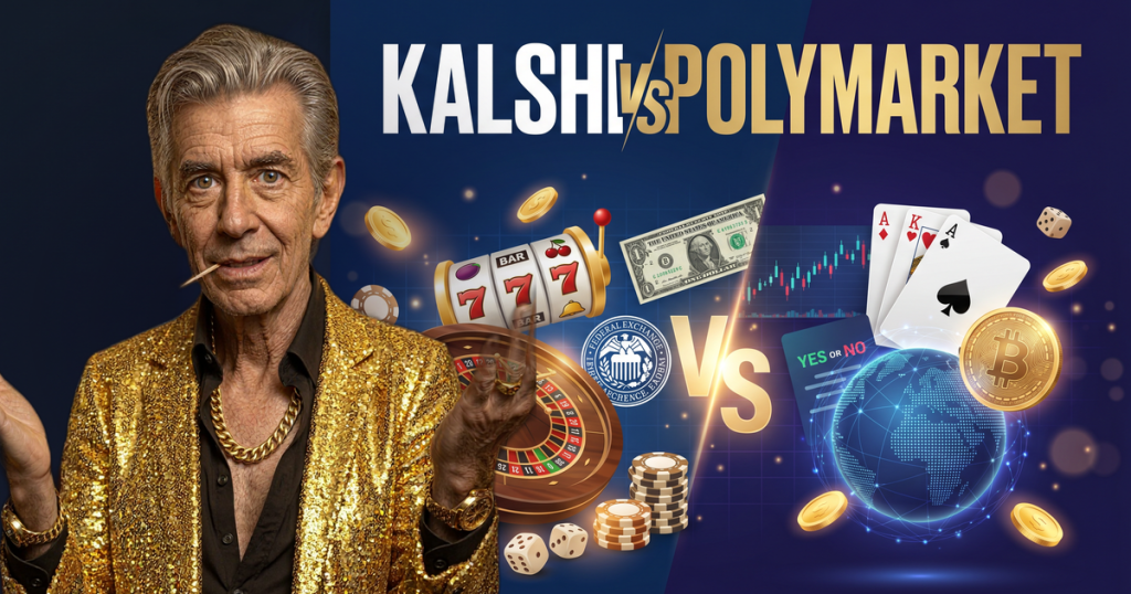 KALSHI vs POLYMARKET casino review featuring ChipReign character, branded game montage backdrop