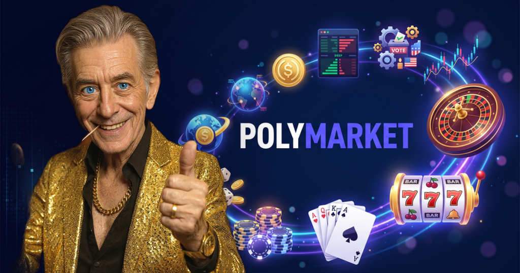 POLYMARKET casino review featuring ChipReign character, branded game montage backdrop