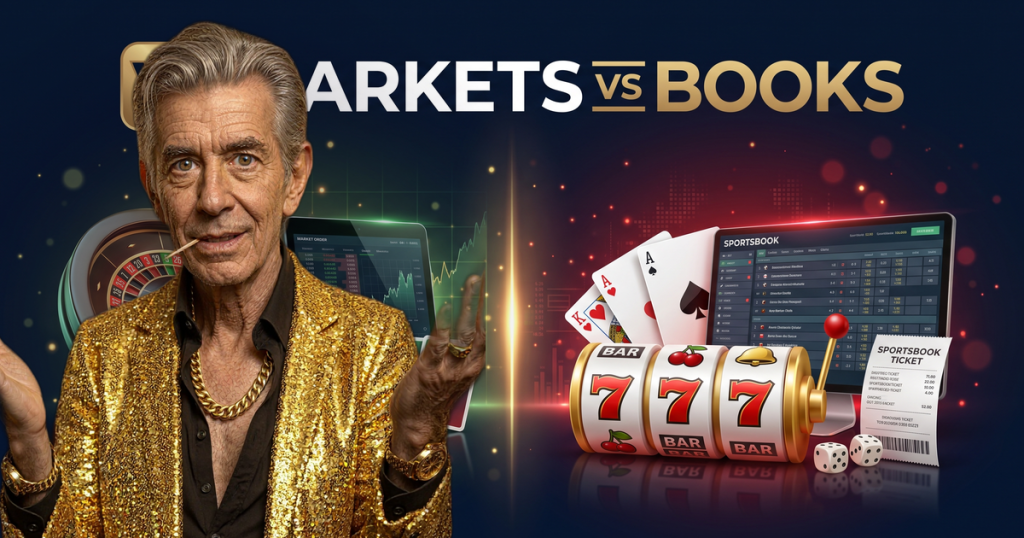 MARKETS vs BOOKS casino review featuring ChipReign character, branded game montage backdrop