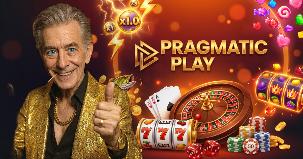 PRAGMATIC PLAY casino review featuring ChipReign character, branded game montage backdrop