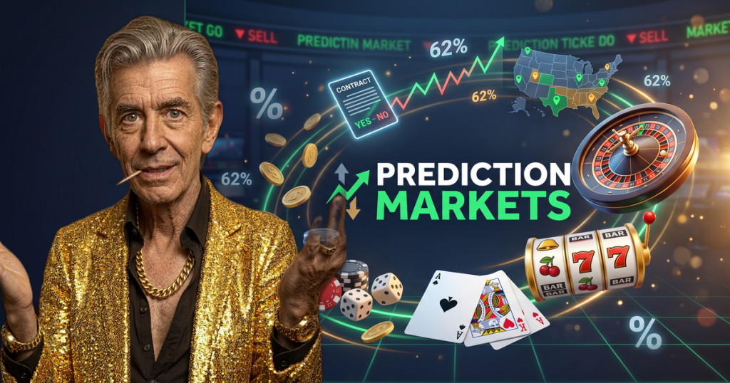 PREDICTION MARKETS casino review featuring ChipReign character, branded game montage backdrop