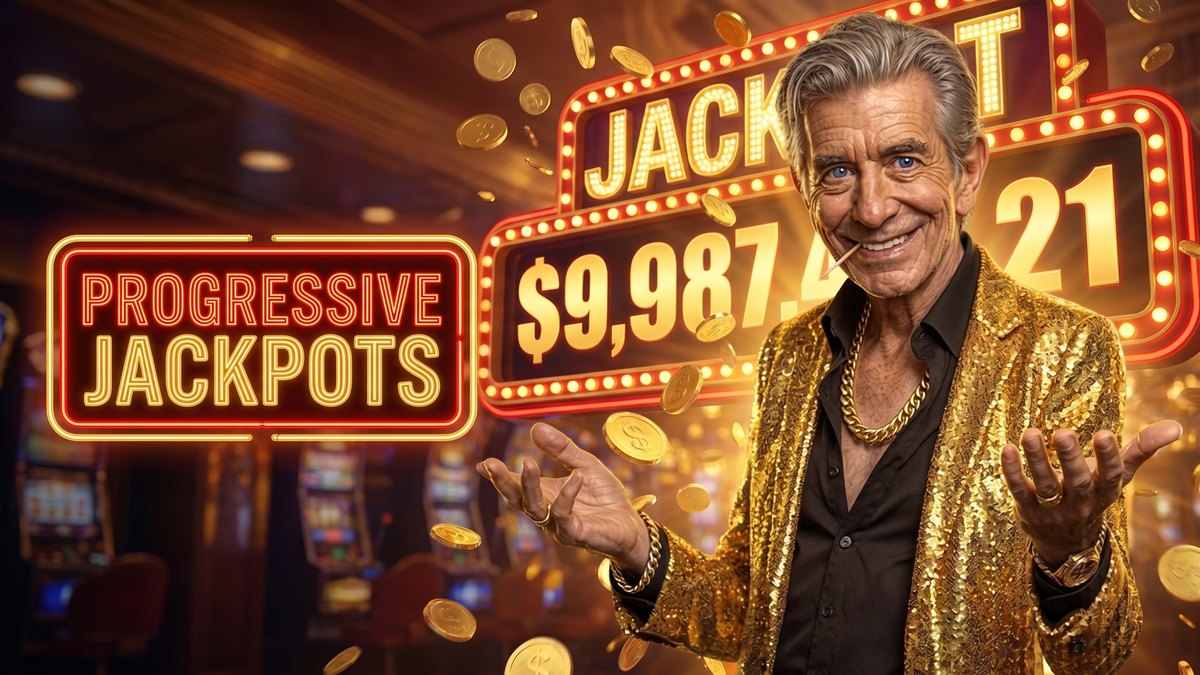 Chip celebrating beside a PROGRESSIVE JACKPOTS neon sign with a giant rising jackpot counter