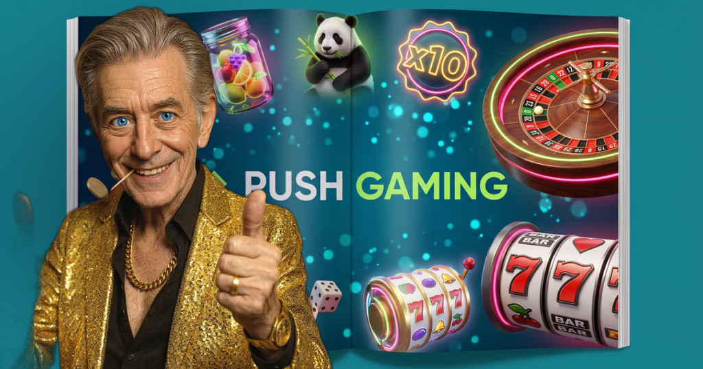 PUSH GAMING casino review featuring ChipReign character, branded game montage backdrop