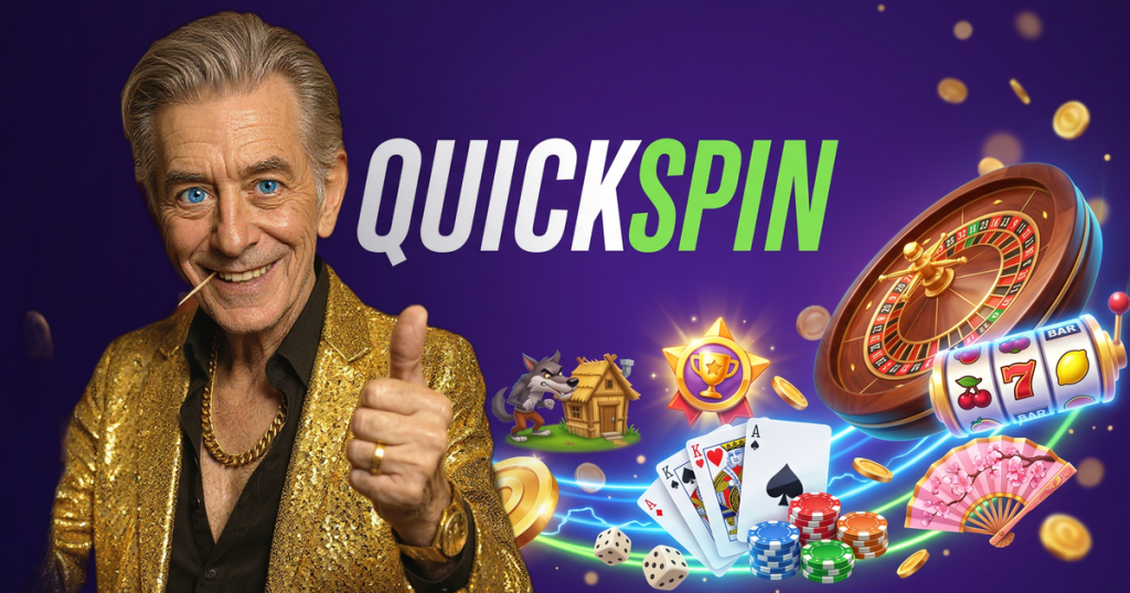 QUICKSPIN casino review featuring ChipReign character, branded game montage backdrop