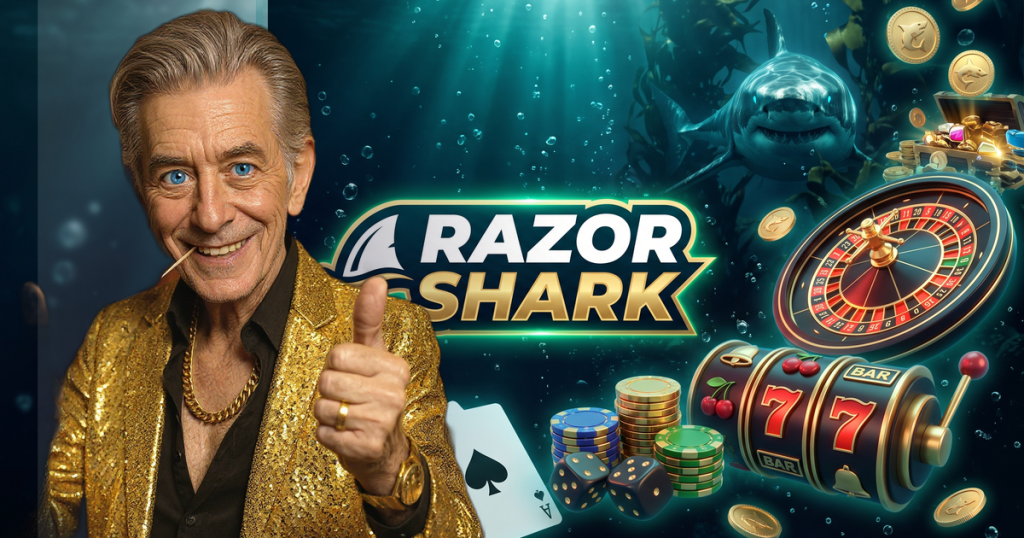 RAZOR SHARK casino review featuring ChipReign character, branded game montage backdrop