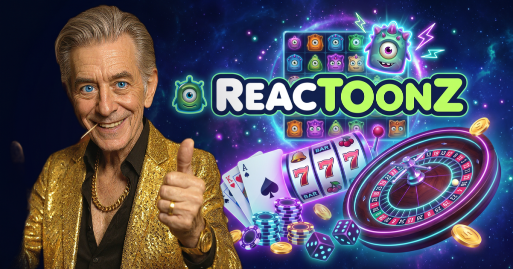 REACTOONZ casino review featuring ChipReign character, branded game montage backdrop
