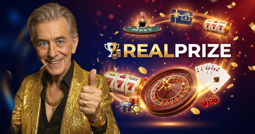 REALPRIZE casino review featuring ChipReign character, branded game montage backdrop