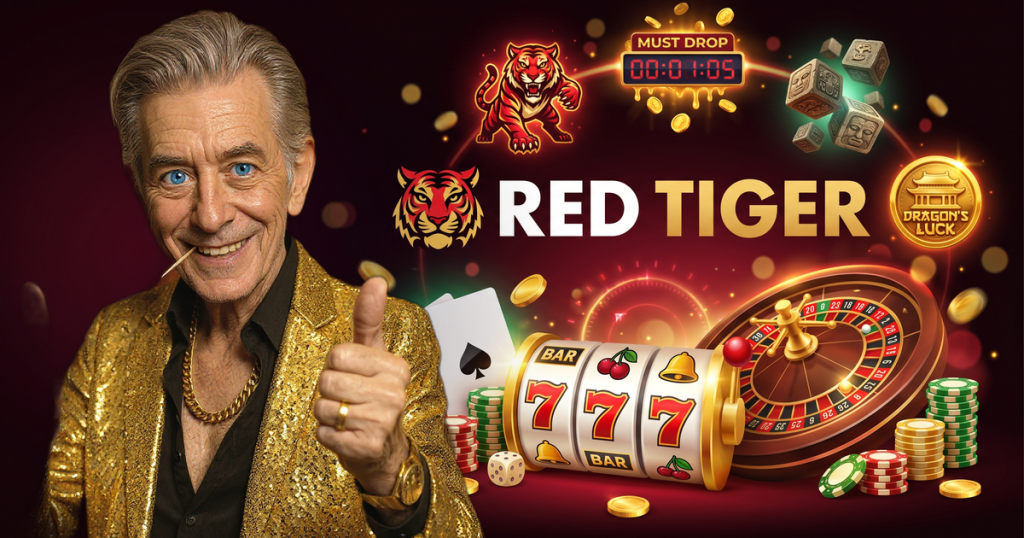 RED TIGER casino review featuring ChipReign character, branded game montage backdrop