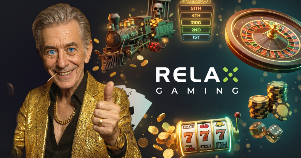 RELAX GAMING casino review featuring ChipReign character, branded game montage backdrop