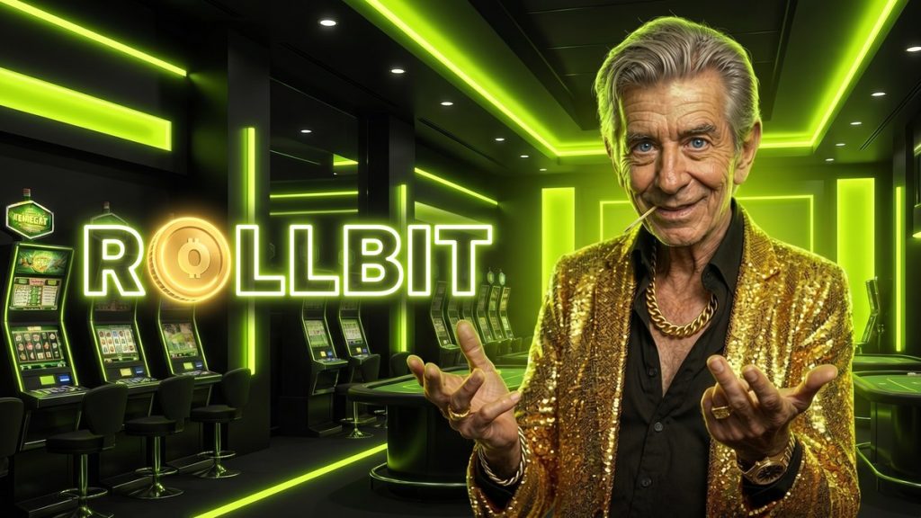 Chip, the ChipReign host in his gold sequin blazer, in a Rollbit casino lobby with the Rollbit logo in its brand colours