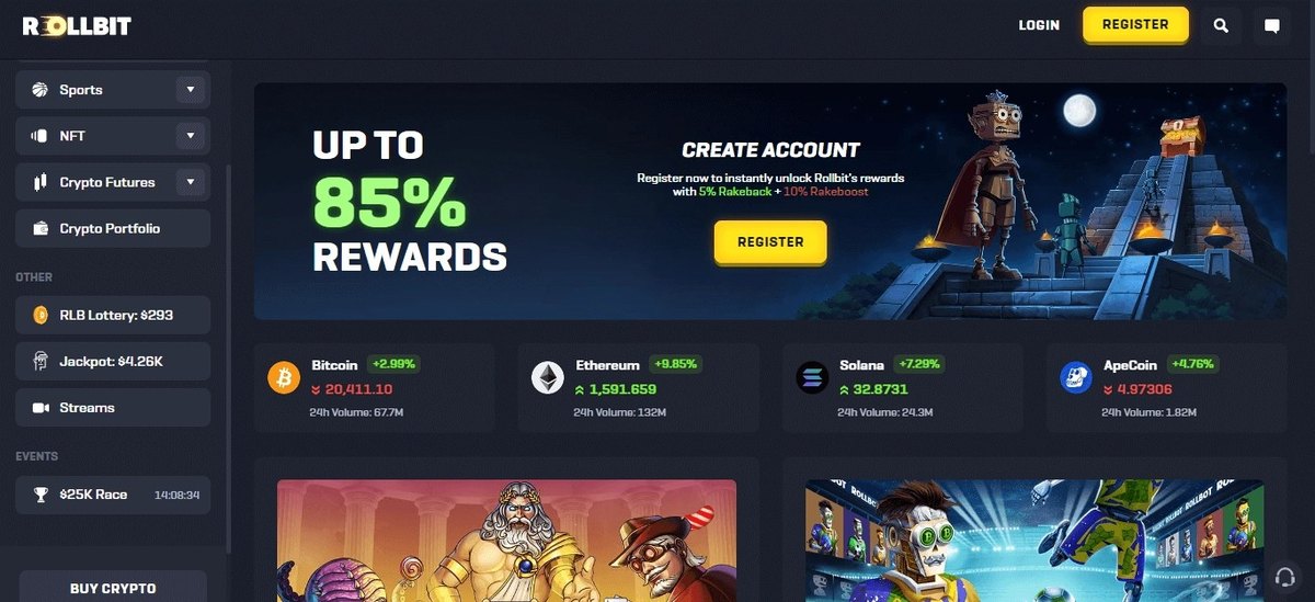 Rollbit crypto casino homepage with live Bitcoin, Ethereum and Solana prices and rakeback rewards