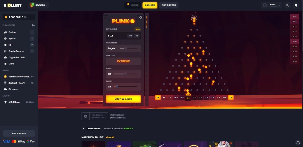 Rollbit Originals Plinko game showing the provably fair verification badge