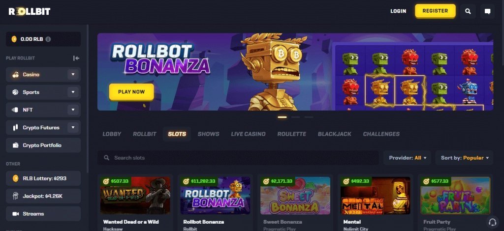 Rollbit casino slots lobby showing titles from Hacksaw and Pragmatic Play