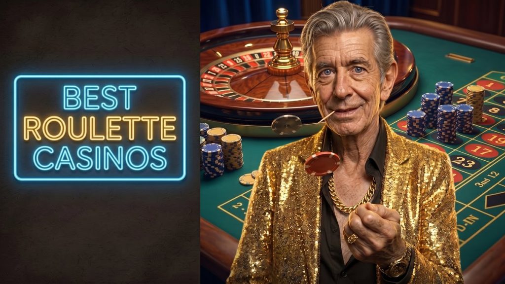 Chip tossing a chip beside a BEST ROULETTE CASINOS neon sign at a roulette table