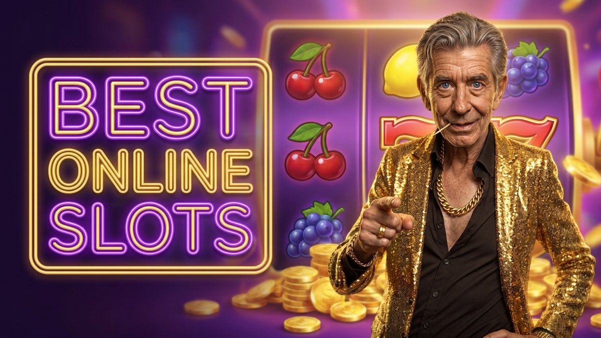 Chip beside a BEST ONLINE SLOTS neon sign in a casino lobby