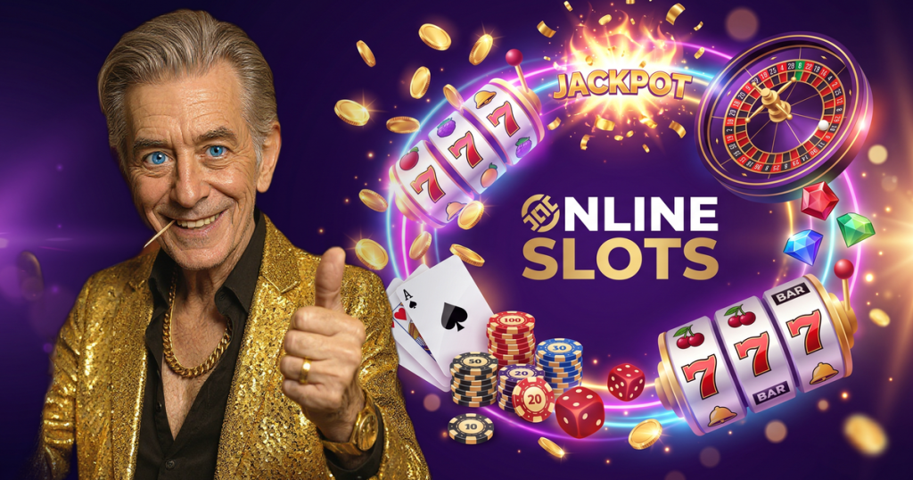 ONLINE SLOTS casino review featuring ChipReign character, branded game montage backdrop