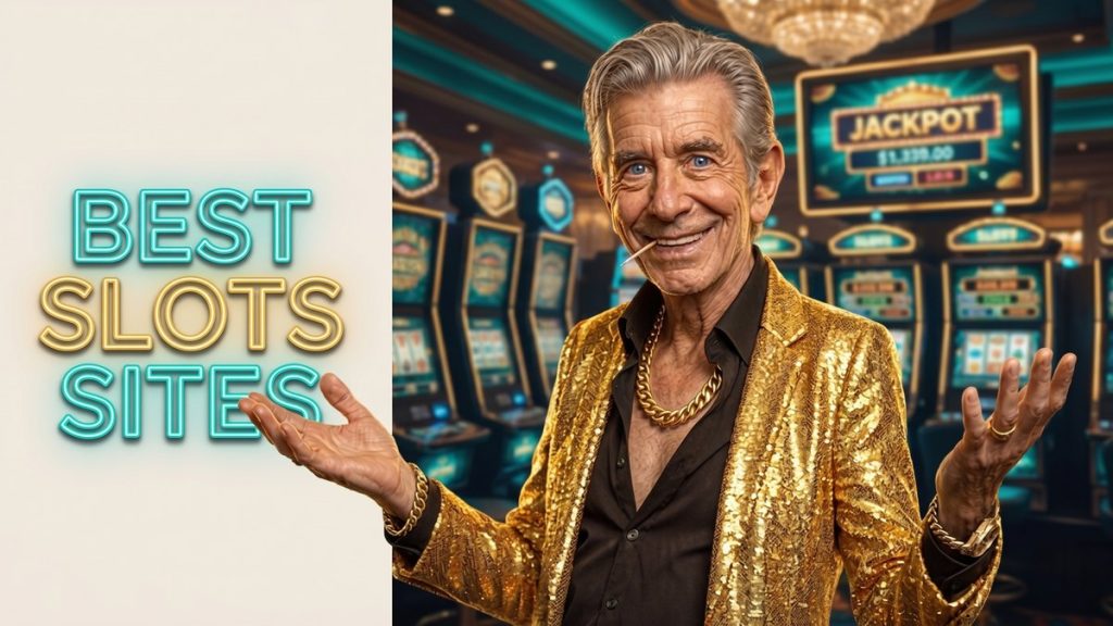 Chip with arms spread beside a BEST SLOTS SITES neon sign on a casino slots floor